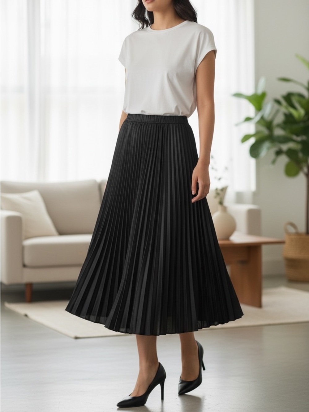 NEW• Atelier Jai Pleated Black Midi Skirt• XL- 1X